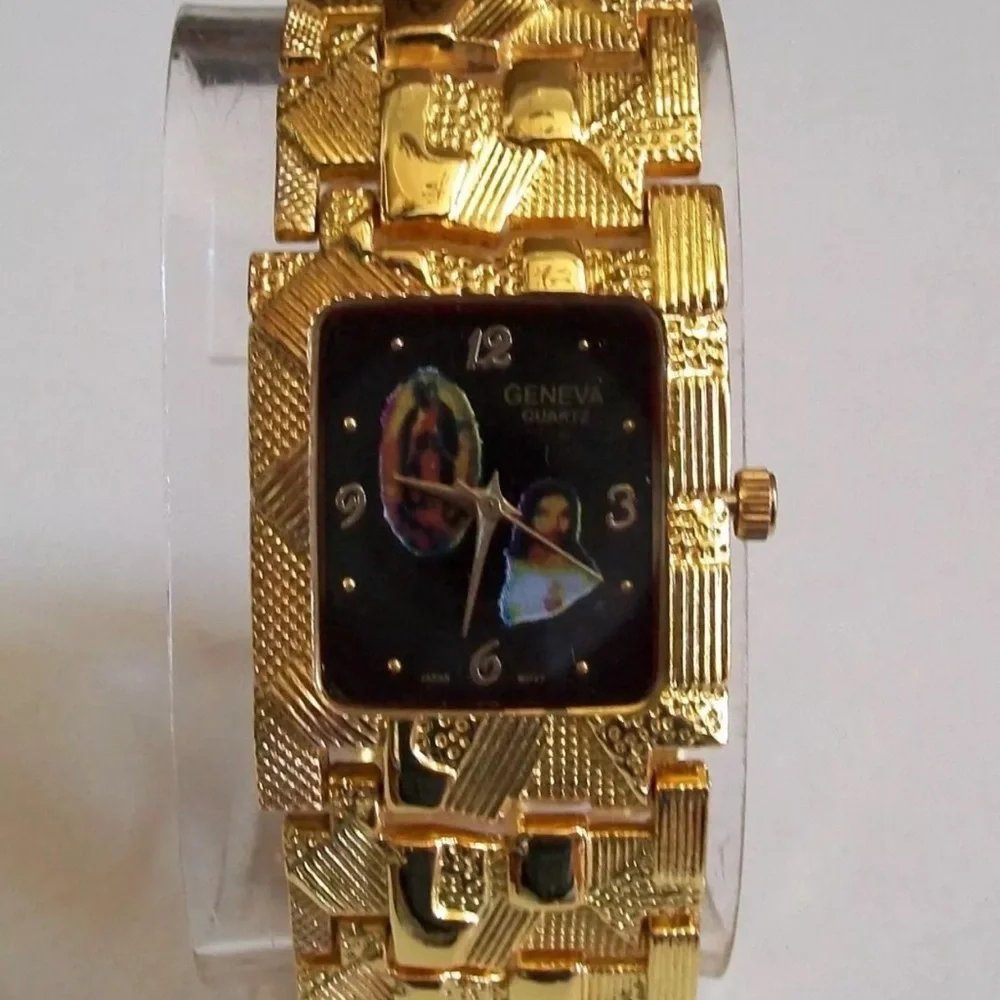 Men's Gold Finish Nugget Style VIRGIN MARY GUADALUPE & JESUS Fashion Watch